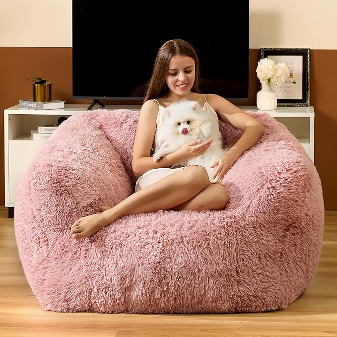Homguava Giant Bean Bag Chair for Adults,Large Bean Bag Sofa with Armrests & Stuffed Memory Foam,Big BeanBags with Filler,Plush Bean Bag Couch Comfy Lazy Sofa Chair for Bedroom,Living Room(Large,Pink)