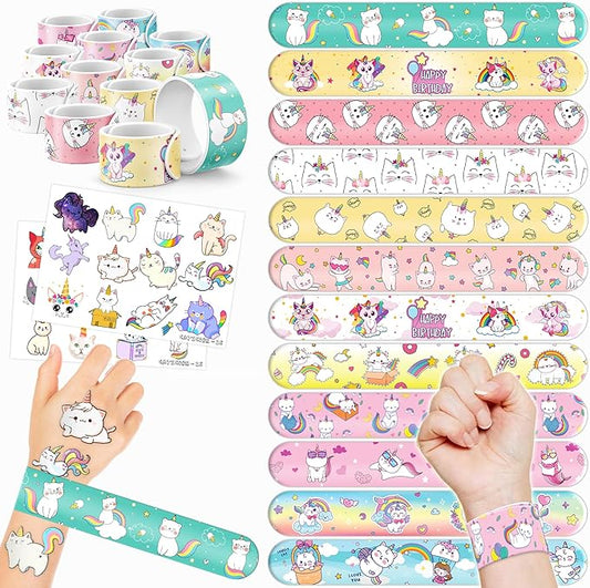 48PCS Caticorn Party Favors - 24PCS Tattoos & 24PCS Slap Bracelets - Cat Unicorn Birthday Supplies, Kitty-Themed Decorations, Classroom Prizes, Gifts for Girls & Boys