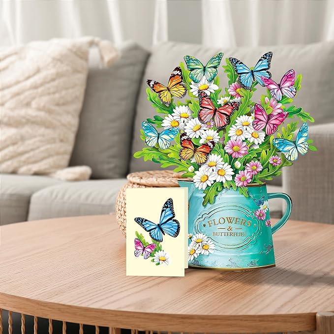 Airpark Pop Up Flower Cards, 3 Packs, Daisies and Butterflies,12inch Forever Flower Bouquet 3D Popup Greeting Cards with Blank Note Card and Envelope for Birthday, Easter, Mother's Day