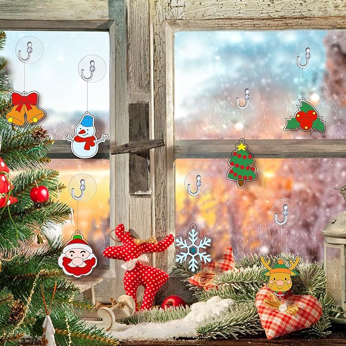 WILLBOND 24 Pieces Christmas Suncatchers Craft Assorted Sun Catcher Kits for Art Window Sun Catchers with 24 Pieces Suction Cups for Painting Crafts Christmas Home Decor Supplies