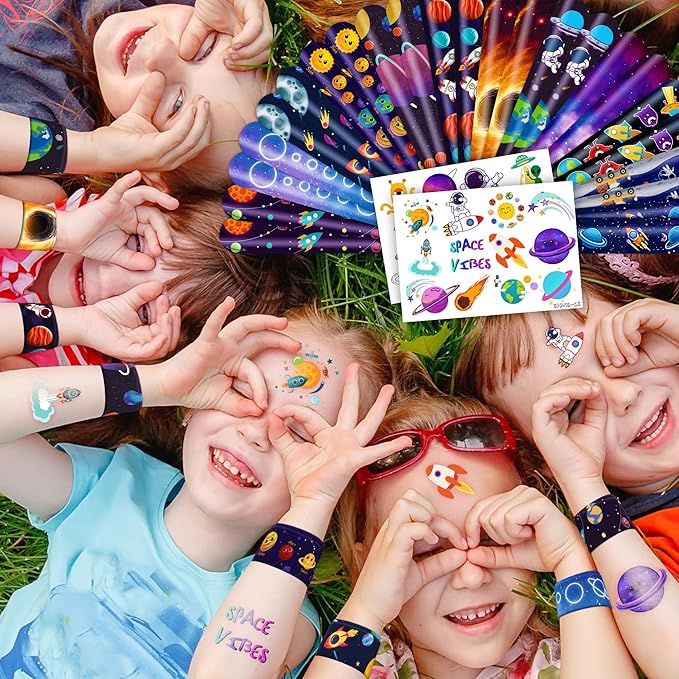 48PCS Space Party Favors - 24PCS Tattoos & 24PCS Slap Bracelets - Astronaut & UFO Birthday Supplies, Classroom Prizes, Party Gifts for Kids & Boys