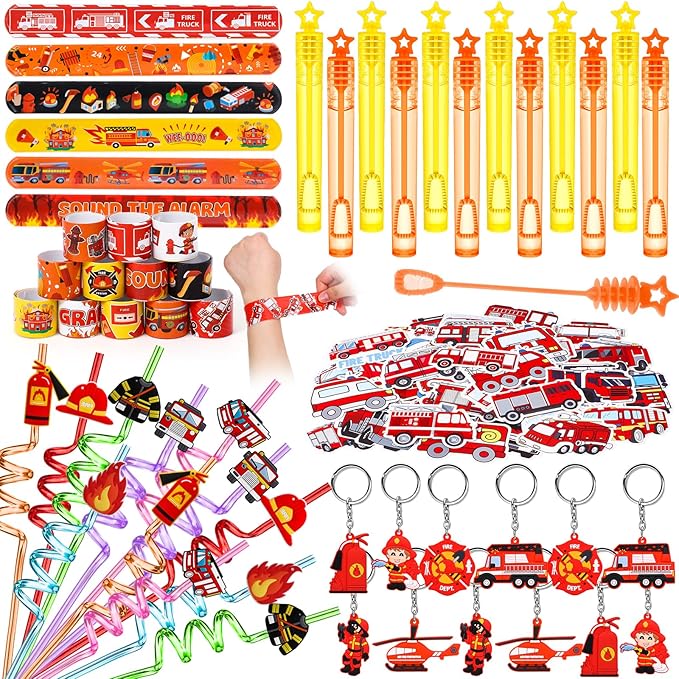 98 Firefighter Party Favors Fire Truck Birthday Supplies Straw Bubble Slap Bracelet Keychain Sticker Kid Boy Toy Accessories Fireman Party Decorations Gift Prize Goodie Bags Stuffers