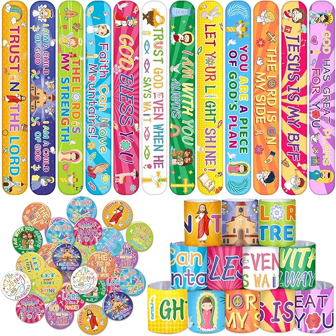 72PCS Religious Slap Bracelets with Christian Button Pins Jesus Love You Wristbands Sunday School Supplies Christian Gifts Jesus Snap Bracelets Christian Badges for Kids Adults Birthday Party Favors