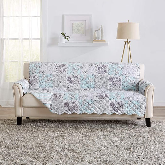Reversible Floral Patchwork Furniture Protector Scalloped Edge Stain Resistant Printed Furniture Protector Maribel Collection (Sofa, Gray/Aqua)