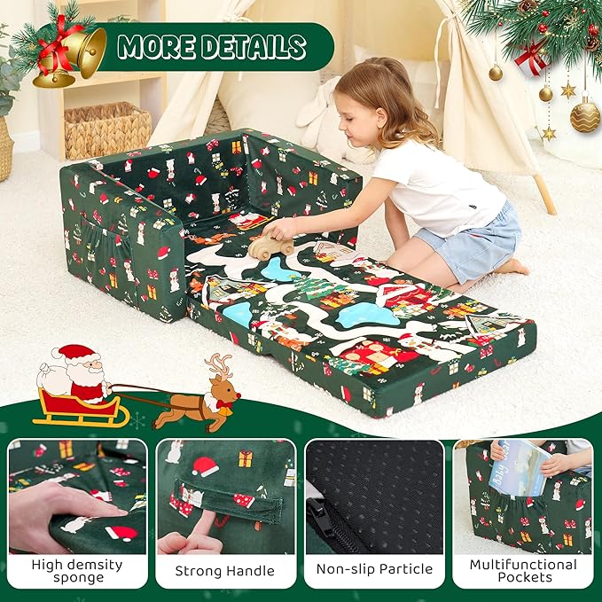 MallBest 2-in-1 Kids Christmas Sofa, Comfy Toddler Couch Bed, Baby's Upholstered Chair Sleepover Kid Couch Flipout Open Recliner for Bedroom
