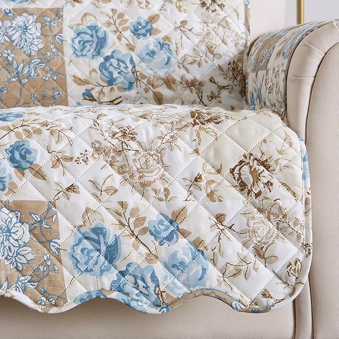 Great Bay Home Reversible Floral Patchwork Furniture Protector Scalloped Edge Stain Resistant Printed Furniture Protector Maribel Collection (Sofa, Taupe/Blue)