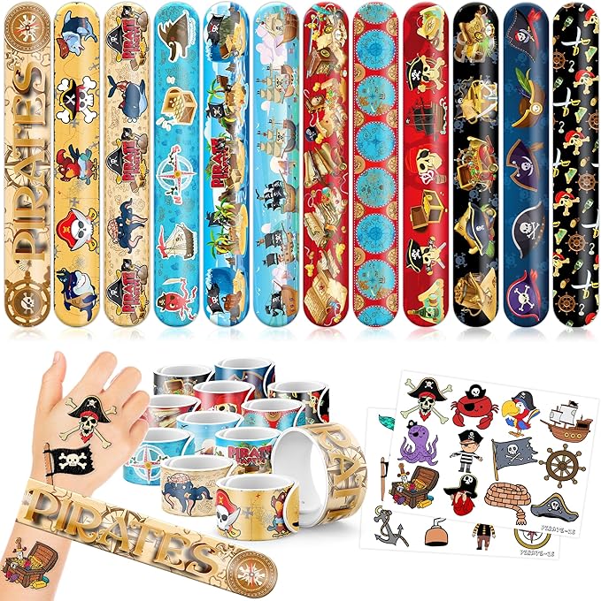 48PCS Pirate Party Favors - 24PCS Tattoos & 24PCS Slap Bracelets - Pirate-Themed Birthday Supplies, Treasure Hunt Decorations, Classroom Prizes, Gifts for Boys & Girls