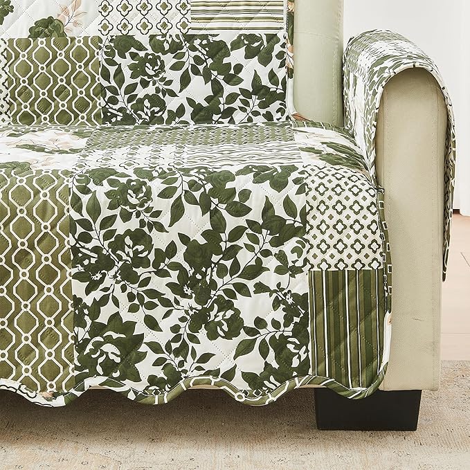 Great Bay Home Reversible Patchwork Sofa Cover - Washable Slipcover Furniture Protector with Elastic Straps - Couch Cover for Dogs, Kids, and Pets - Box-Stitched Detail (Sofa, Olive/Brown)