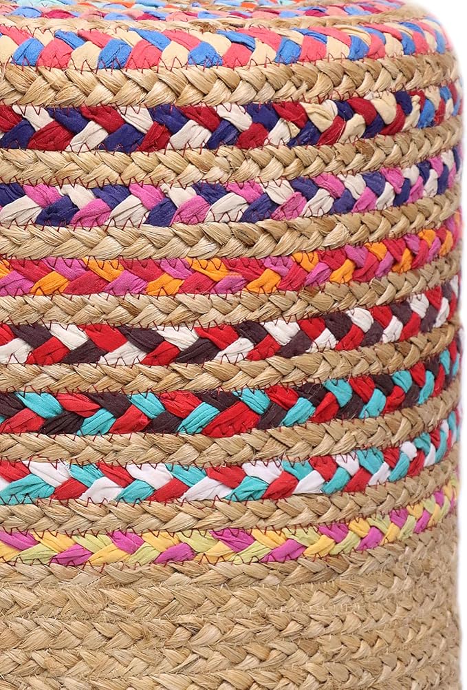 COTTON CRAFT Jute Chindi Pouf – Cylindrical Jute Cotton Braided Ottoman - Moroccan Boho Kilim Foot Stool - Bedroom Family Room Accent Seating – Footrest - Rustic Decor Round Pouf – 15 diax16 H- Multi
