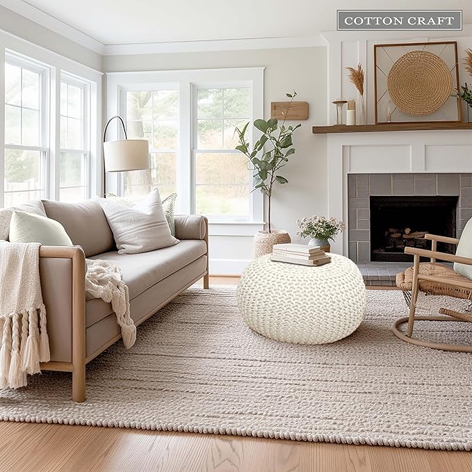 COTTON CRAFT Round Dori Pouf - Cotton Braid Cord Cable Knitted Ottoman - Foot Stool Footrest Floor Pouf Accent Furniture Bean Bag - Living Room Dorm Décor - 20.5 Dia x 13.5 High - Round Ivory Cream