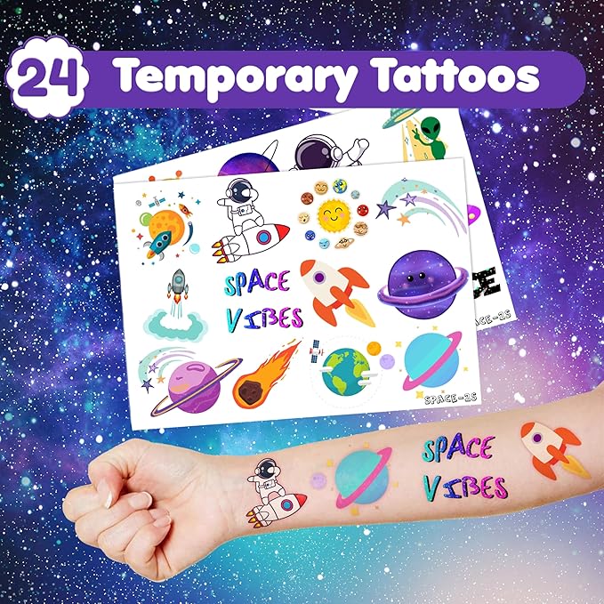 48PCS Space Party Favors - 24PCS Tattoos & 24PCS Slap Bracelets - Astronaut & UFO Birthday Supplies, Classroom Prizes, Party Gifts for Kids & Boys