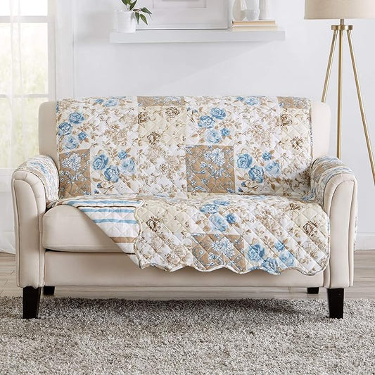 Great Bay Home Reversible Floral Patchwork Furniture Protector Scalloped Edge Stain Resistant Printed Furniture Protector Maribel Collection (Loveseat, Taupe/Blue)