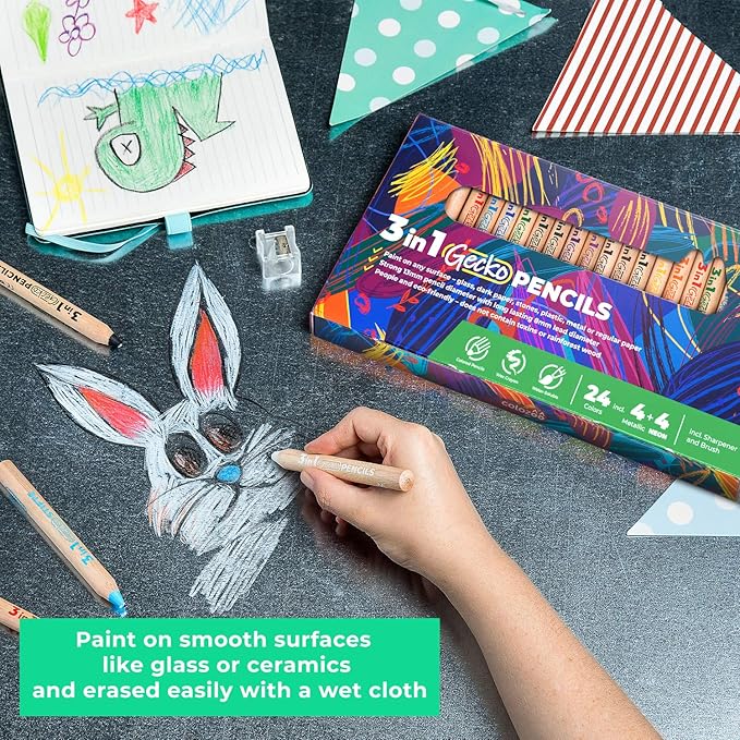 3 In 1 Colouring Pencils | 24 Colours Set inc. Brush And Sharpener | Non-Toxic And Vegan Colours For Ages 3 And Up