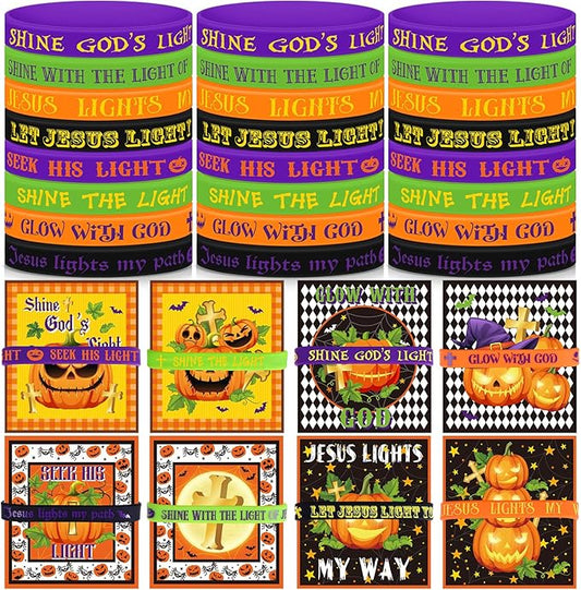48 Pcs Kids Halloween Party Favors Rubber Bracelets and Cards Christian Silicone Wristbands Bulk Religious Halloween Goodie Bag Stuffers Kids Wristband for Classroom Prizes