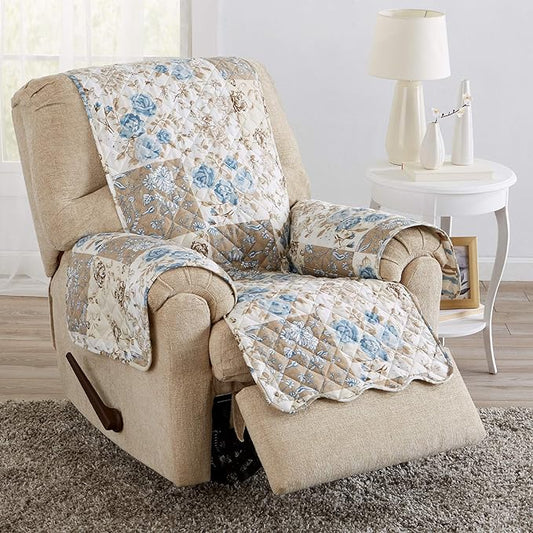 Great Bay Home Reversible Floral Patchwork Furniture Protector Scalloped Edge Stain Resistant Printed Furniture Protector Maribel Collection (Recliner, Taupe/Blue)