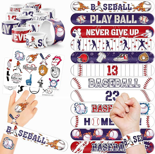 48PCS Baseball Party Favors - 24 Tattoos & 24 Slap Bracelets for Kids, Perfect for Sports-Themed Birthdays, School Prizes, and Classroom Rewards