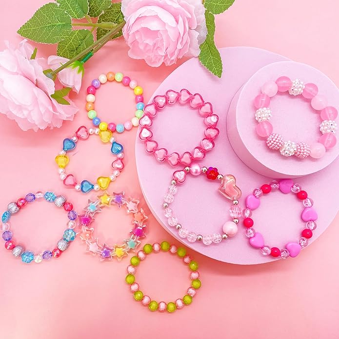9 PCS Cute Kids Bracelets for Girls Pink LOVE Beaded Bracelets Little Girls Costume Jewelry Princess Party Favors Pretend Play Birthday Easter Christmas Valentines Toddler Jewelry