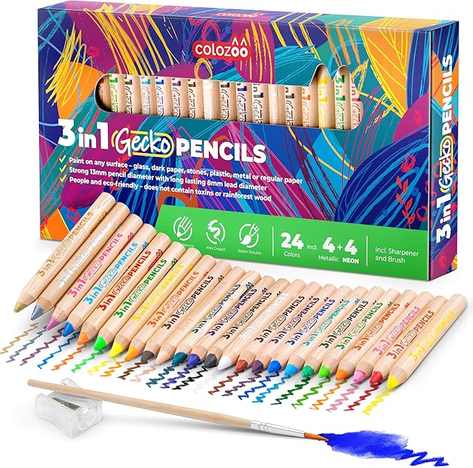3 In 1 Colouring Pencils | 24 Colours Set inc. Brush And Sharpener | Non-Toxic And Vegan Colours For Ages 3 And Up