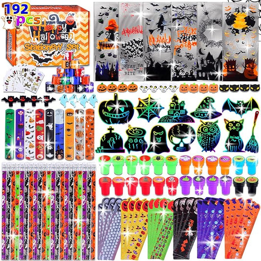 192 Pcs 24 Pack Assorted Halloween Stationery, Party Favors for Kids, Goodie Bags Stuffers Set Including Pencils, Rulers, Stamps and Erasers in Trick or Treat Bags