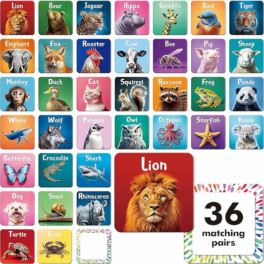 72 PCS Memory Matching Game, Real Animal Matching Cards for Toddlers 36 Pairs Memory Cards for Preschool 4 5 6 Years Old
