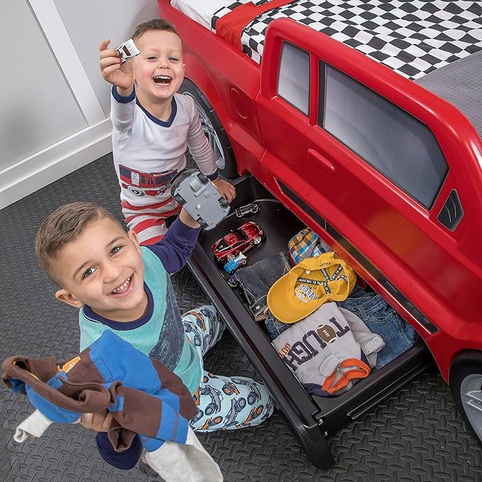 Step2 Turbocharged Twin Size Truck Car Bed, Car Bed for Boys & Girls, Working Headlights & Built-In Storage, Made of Durable Plastic, For Toddlers 3+ Years Old, Vibrant Red