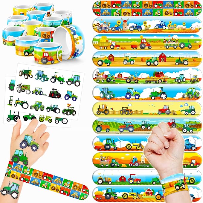 48PCS Tractor Party Favors - 24PCS Tattoos & 24PCS Slap Bracelets - Farm-Themed Birthday Supplies, Green Tractor Decorations, Classroom Prizes, Gifts for Boys & Girls