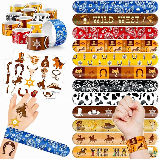 48PCS Cowboy Party Favors - 24PCS Temporary Tattoos & 24PCS Slap Bracelets - Cool Western Rodeo Themed Birthday Supplies, Decorations, Gifts, Classroom Prizes for Kids, Boys & Girls