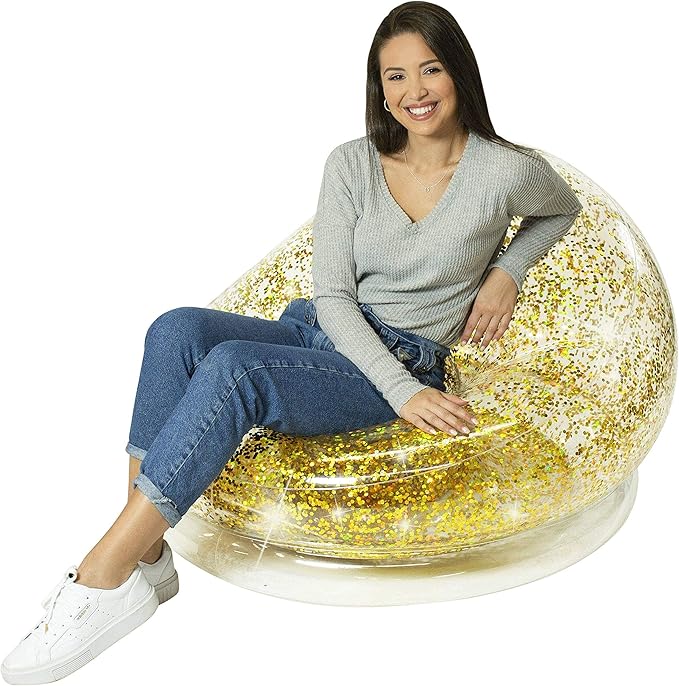 Air Candy Inflatable Glitter Chair - Filled with 6mm Holographic Color Changing Gold Glitter - Made with Strong PVC That Will Hold up to 250 lbs. Perfect for Indoor or Outdoor use!
