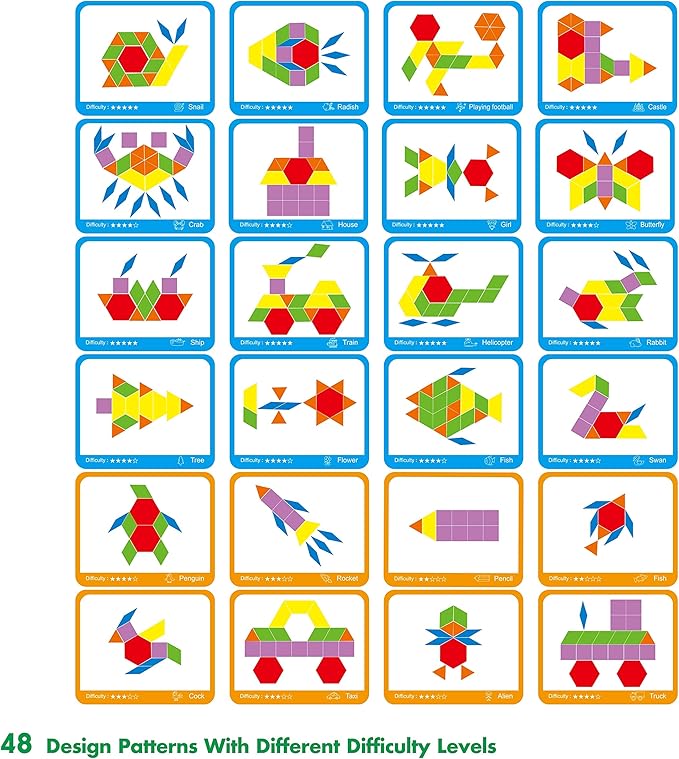 300 PCS Wooden Pattern Blocks Set for Kids with 24 Double-Sided Design Cards(48 Patterns) and Storage Bag in Gift Box,Fun Montessori Learning Toys