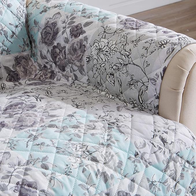 Reversible Floral Patchwork Furniture Protector Scalloped Edge Stain Resistant Printed Furniture Protector Maribel Collection (Recliner, Gray/Aqua)