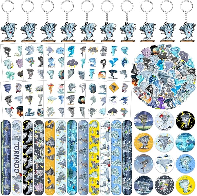 98 PCS Tornado Party Favors, Tornado Temporary Tattoos Slap Bracelets Keychains Stickers Badges for Tornado Birthday Party Decorations Supplies Gifts for Kids Teens Boys Girls Classroom Rewards
