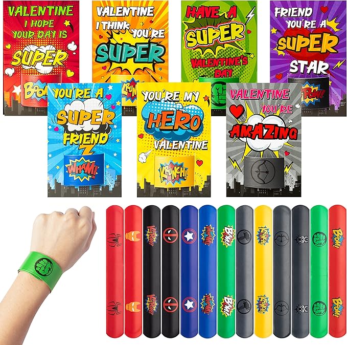 28 Packs Valentines Day Gift for Kids, Valentine’s Day Super Power Slap Bracelets with Cards Toddler School Classroom Prize Exchange Gifts Party Favor Toy Set Superhero Decorations