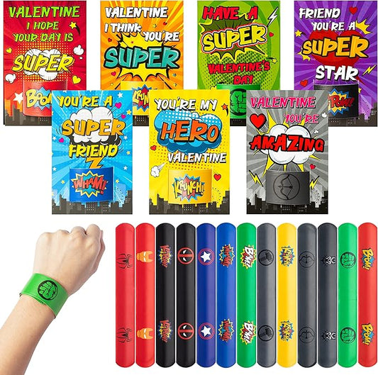 28 Packs Valentines Day Gift for Kids, Valentine’s Day Super Power Slap Bracelets with Cards Toddler School Classroom Prize Exchange Gifts Party Favor Toy Set Superhero Decorations
