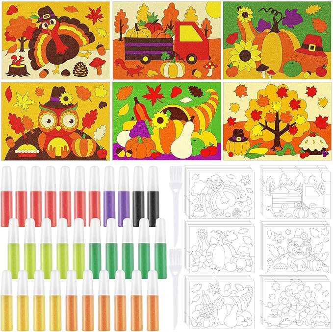 30 Sets Fall Thanksgiving Sand Art Kits for Kids DIY Fall Harvest Craft Sand Painting Colored Sand Art Painting Cards Set for Children DIY Arts Fall Theme Educational Learning Activities