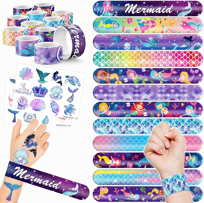 48PCS Mermaid Party Favors - 24PCS Tattoos & 24PCS Slap Bracelets - Undersea Birthday Supplies, Mermaid-Themed Decorations, Classroom Prizes, Gifts for Girls & Boys