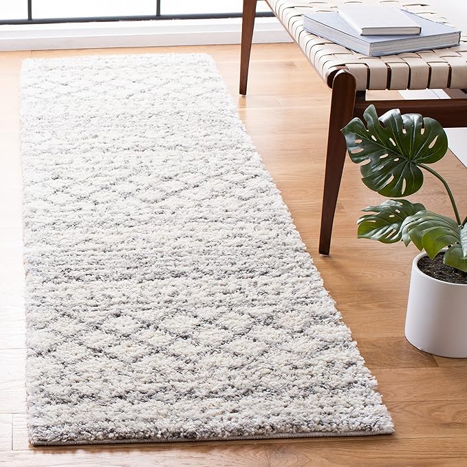 SAFAVIEH Arizona Shag Collection Runner Rug - 2'3" x 12', Ivory & Grey, Moroccan Design, Non-Shedding & Easy Care, 1.6-inch Thick Ideal for High Traffic Areas in Living Room, Bedroom (ASG741F)