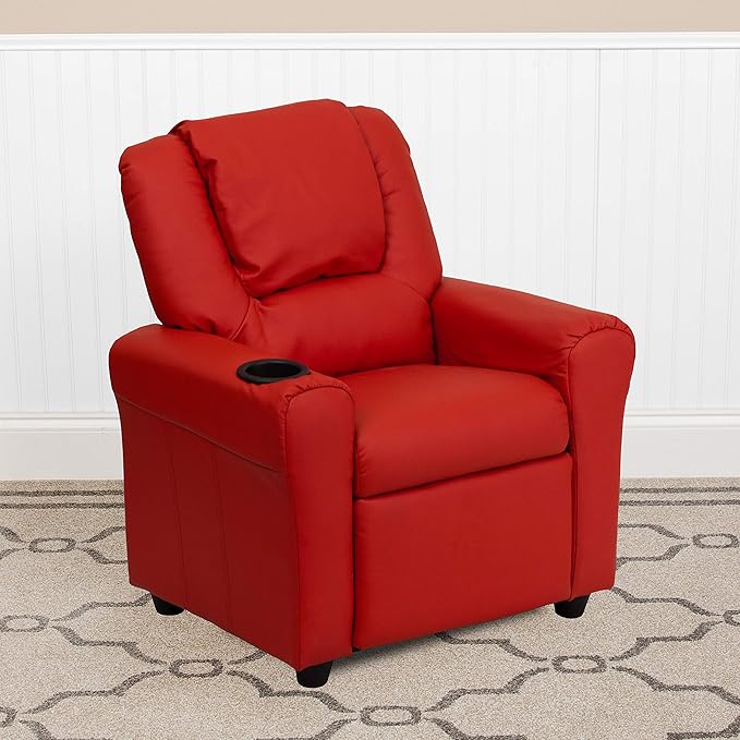 Flash Furniture Vana Vinyl Kids Recliner with Cup Holder, Headrest, and Safety Recline, Contemporary Reclining Chair for Kids, Supports up to 90 lbs., Red