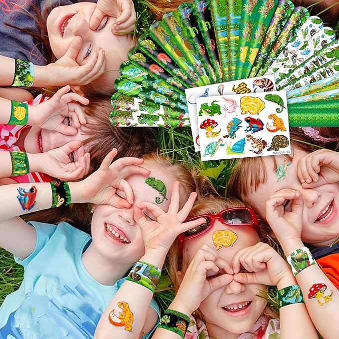 48PCS Reptile Party Favors - 24 Tattoos & 24 Slap Bracelets, Alligator, Lizard, Gecko, Snake Patterns - Perfect for Reptile-Themed Birthdays, Classroom Prizes, and Party Supplies for Boys & Girls