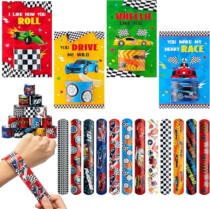 ANGOLIO 28 PCS Valentine's Day Race Cars Slap Bracelet with Gift Cards for School Greeting Gifts Exchange Valentine's Day Race Car Toys Set Classroom Prize Goodies Bag