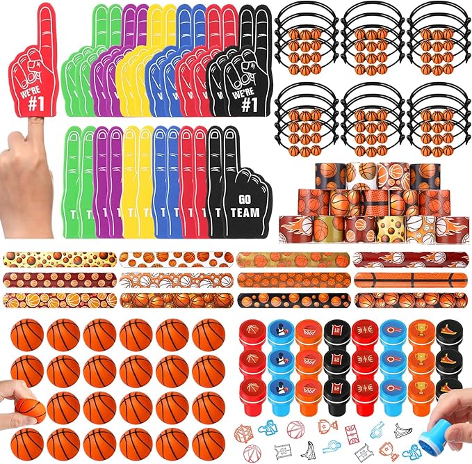 Aoriher 120 Pcs Basketball Sports Party Favors Set Serve 24, Basketball Goodie Bulk Foam Finger Mini Stress Ball Slap Bracelet Charm Bracelet Stamp for Girl Boy Kids Basketball Theme Party Supplies