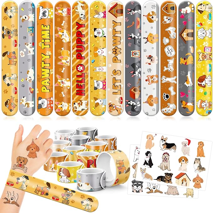 48PCS Dog Party Favors - 24PCS Tattoos & 24PCS Snap Bracelets - Puppy-Themed Birthday Supplies, Cute Decorations, Classroom Prizes, Gifts for Kids