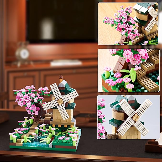 Architecture River Windmill Tree Cute Micro Mini Building Blocks Sets Trees Flowers for Girls, Idea Cherry Blossom Present Toy Model Kit 600+ pcs