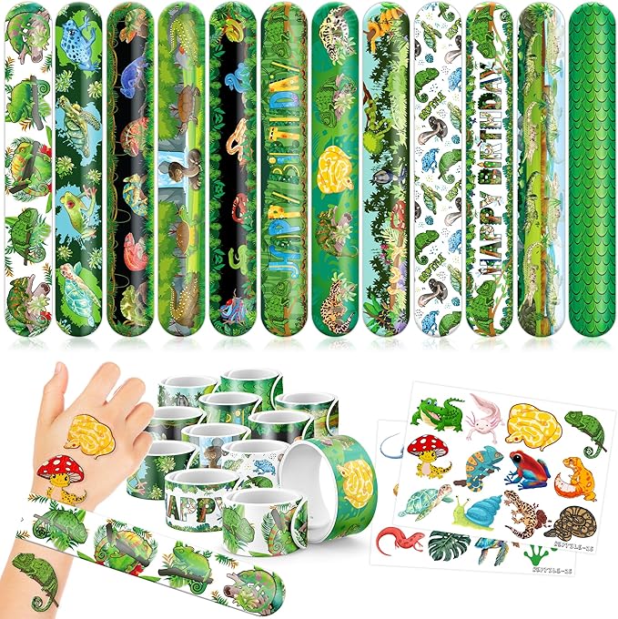 48PCS Reptile Party Favors - 24 Tattoos & 24 Slap Bracelets, Alligator, Lizard, Gecko, Snake Patterns - Perfect for Reptile-Themed Birthdays, Classroom Prizes, and Party Supplies for Boys & Girls
