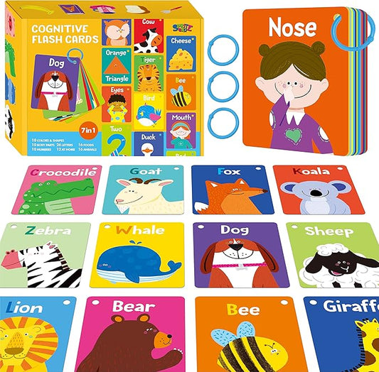 50 PCS Kid First Cognitive Flashcards,Double Sided Printed 7 in 1 Colorful Cards Alphabet,Numbers, Foods,Animals,Shapes,Colors with 3 Reclosable Rings,Learning Tool for Pre-K Kindergarten Toddlers