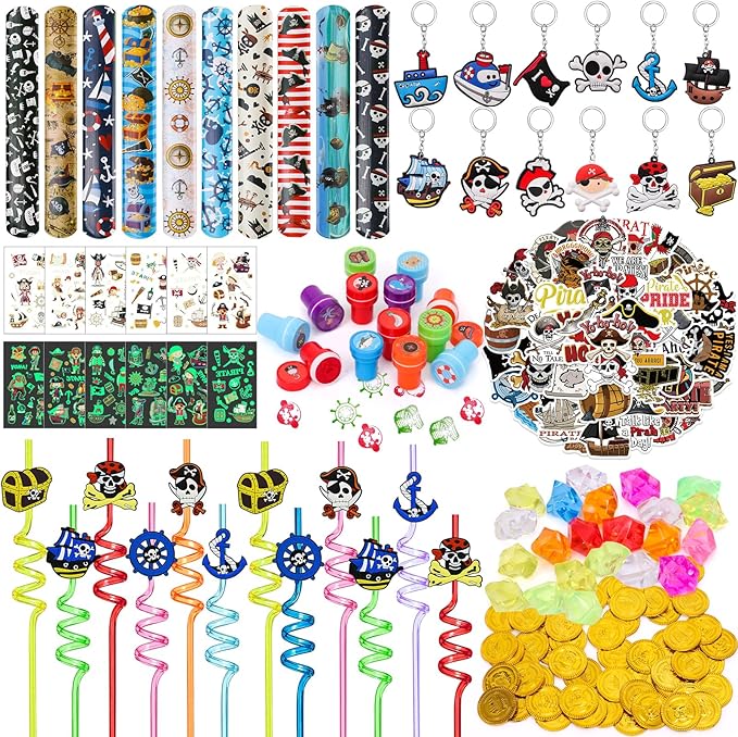 180 Pirate Party Favors Birthday Supplies Straw Gold Coin Gems Sticker Stamp Keychain Slap Bracelet Toy Gift Boy Girl Kid Goodie Bag Stuffer Carnival Prize Decorations Pirate Party Supplies