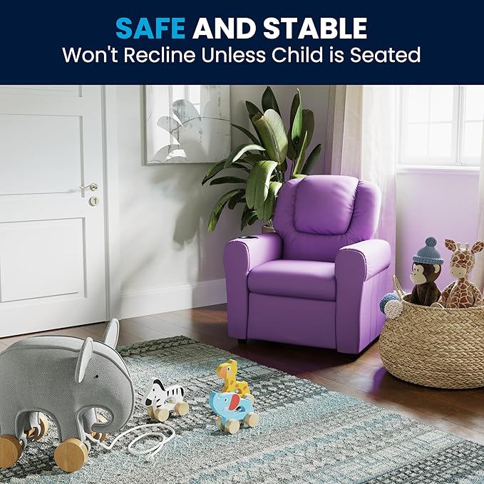 Flash Furniture Vana Vinyl Kids Recliner with Cup Holder, Headrest, and Safety Recline, Contemporary Reclining Chair for Kids, Supports up to 90 lbs., Lavender