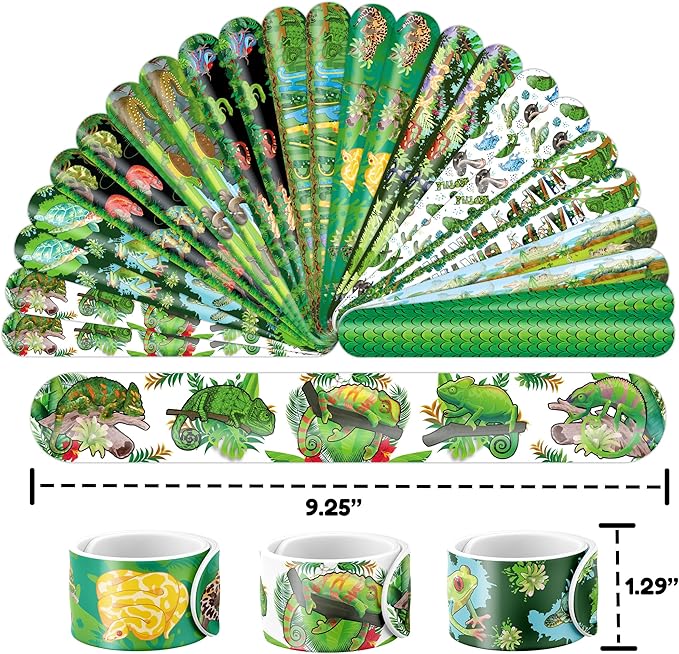 48PCS Reptile Party Favors - 24 Tattoos & 24 Slap Bracelets, Alligator, Lizard, Gecko, Snake Patterns - Perfect for Reptile-Themed Birthdays, Classroom Prizes, and Party Supplies for Boys & Girls