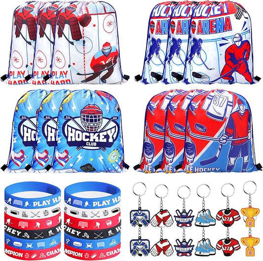 36 PCS Hockey Party Favors Set Include 12 Hockey Drawstring Bag, 12 Hockey Silicone Bracelet, 12 Hockey Motivational Keychain for Ice Hockey Sports Party Birthday Gift Supplies