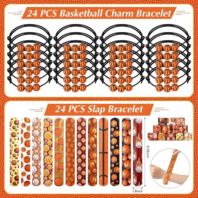 Aoriher 120 Pcs Basketball Sports Party Favors Set Serve 24, Basketball Goodie Bulk Foam Finger Mini Stress Ball Slap Bracelet Charm Bracelet Stamp for Girl Boy Kids Basketball Theme Party Supplies