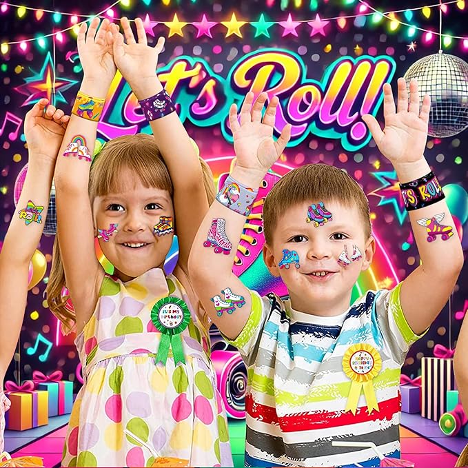 48PCS Roller Skate Party Favors - 24PCS Tattoos & 24PCS Slap Bracelets - Retro 60s & 80s Birthday Supplies, Decorations, Gifts, Classroom Prizes for Boys & Girls